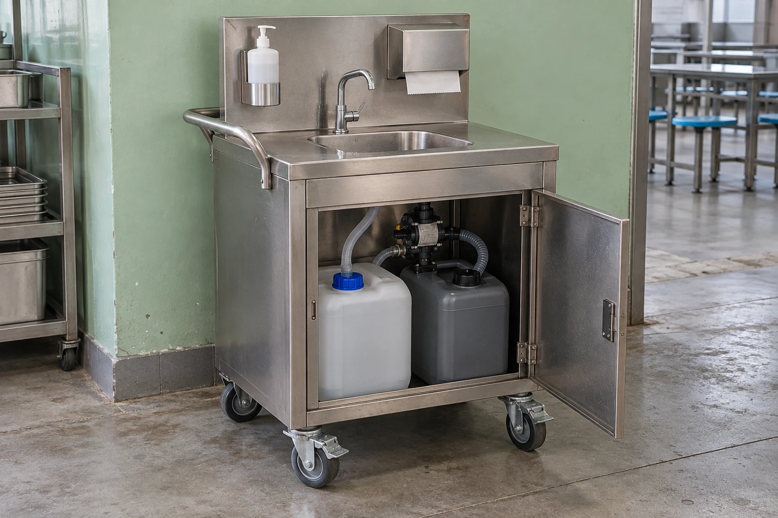 Mobile stainless steel handwashing cabinet on castors with an open service door showing separate capped fresh and waste water tanks