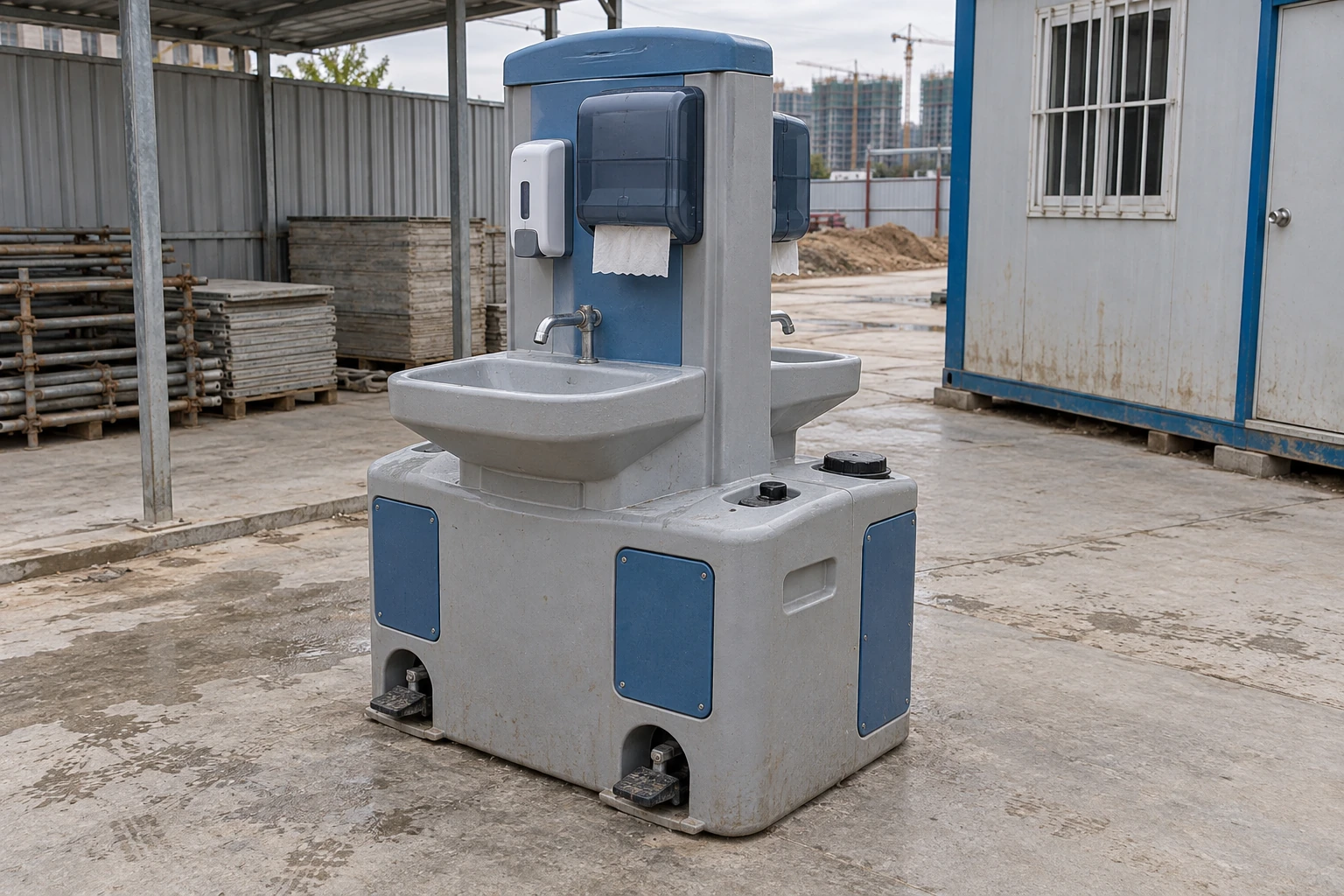 Double-sided portable handwashing station with foot pumps on a concrete base beside a sheltered construction-site area