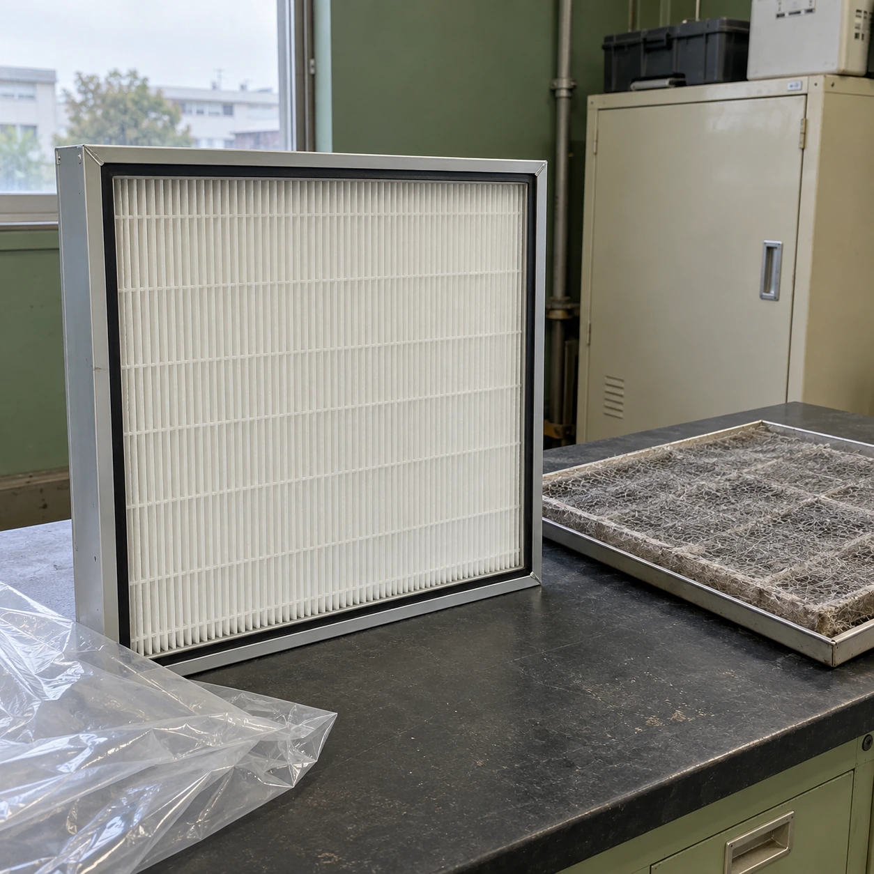 Clean HEPA replacement panel and separate coarse prefilter at a small equipment service station