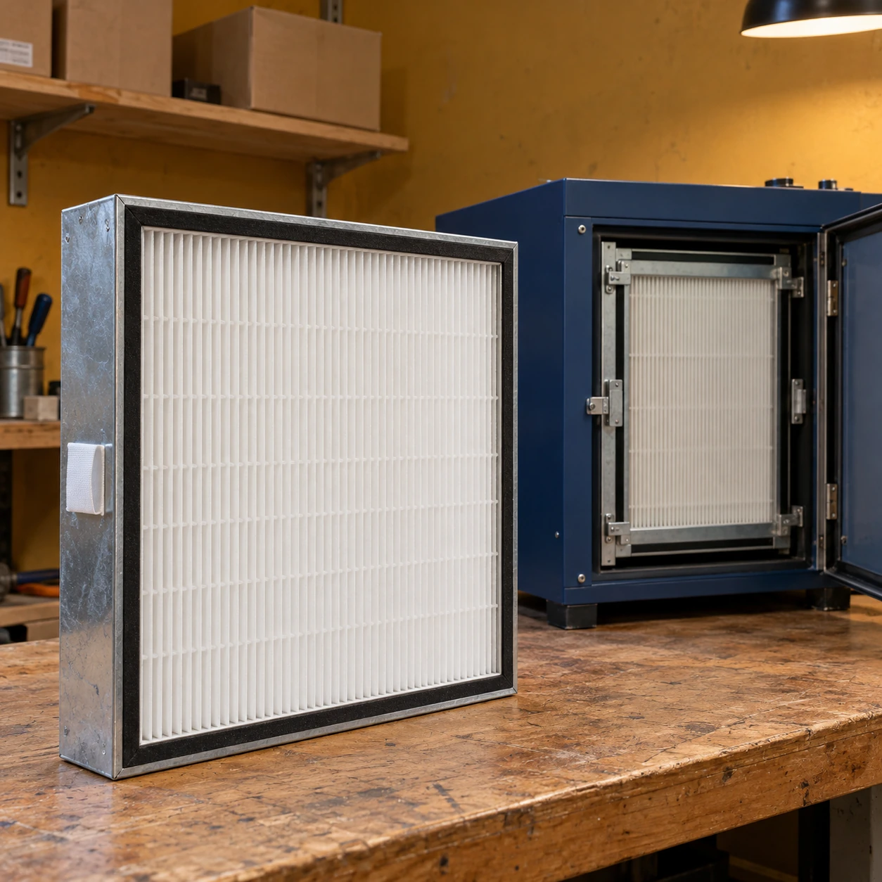 Rigid HEPA replacement cassette beside an air cleaner with its filter compartment open
