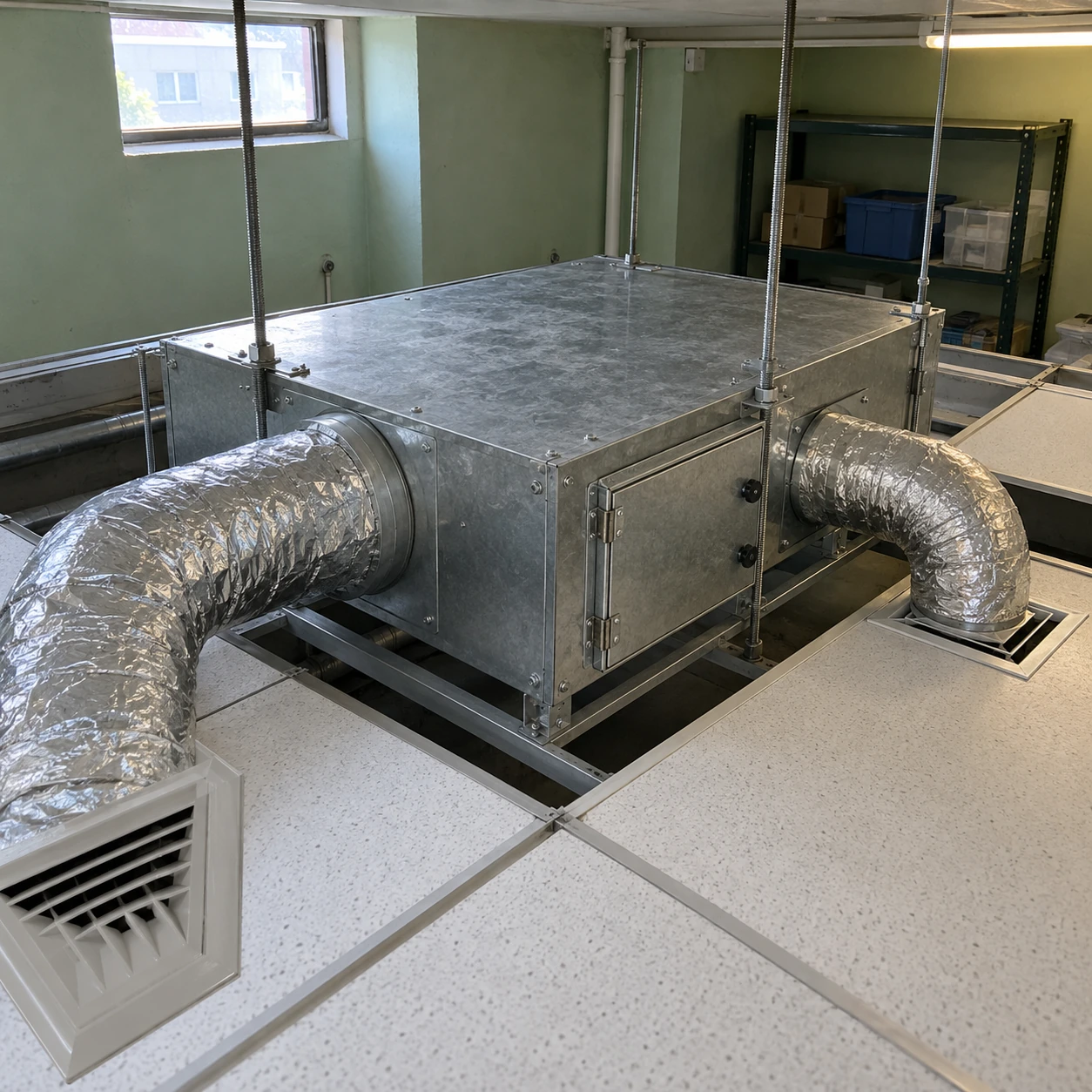Concealed HEPA recirculation cabinet and separated ducts above a small industrial room ceiling