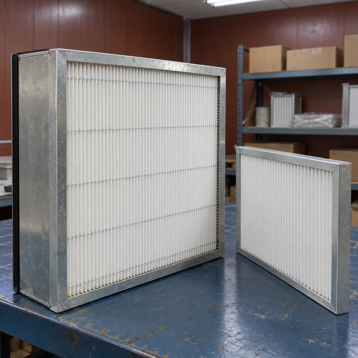 Deep separator HEPA filter and shallow panel filter on an industrial inspection bench