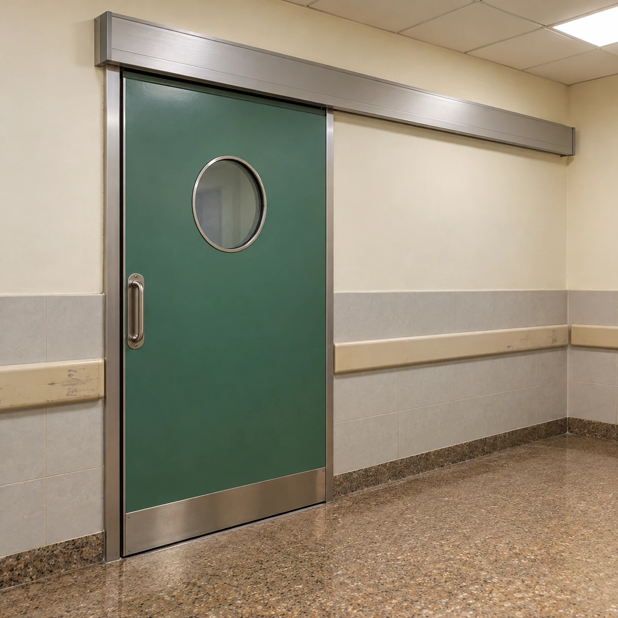 Manual hermetic hospital door with a flush observation window and sealing handle