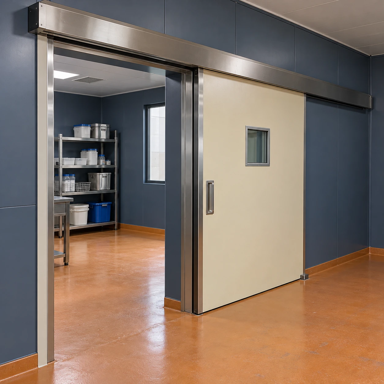 Partly open hermetic sliding door showing the leaf parking space and clear floor passage