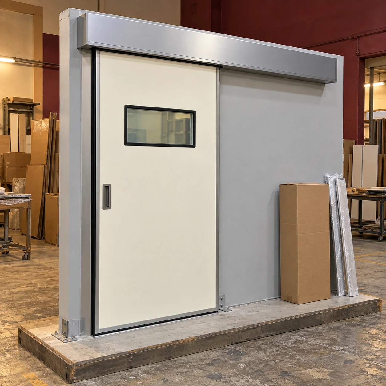 Complete hermetic door assembly prepared beside protected trim and packing materials