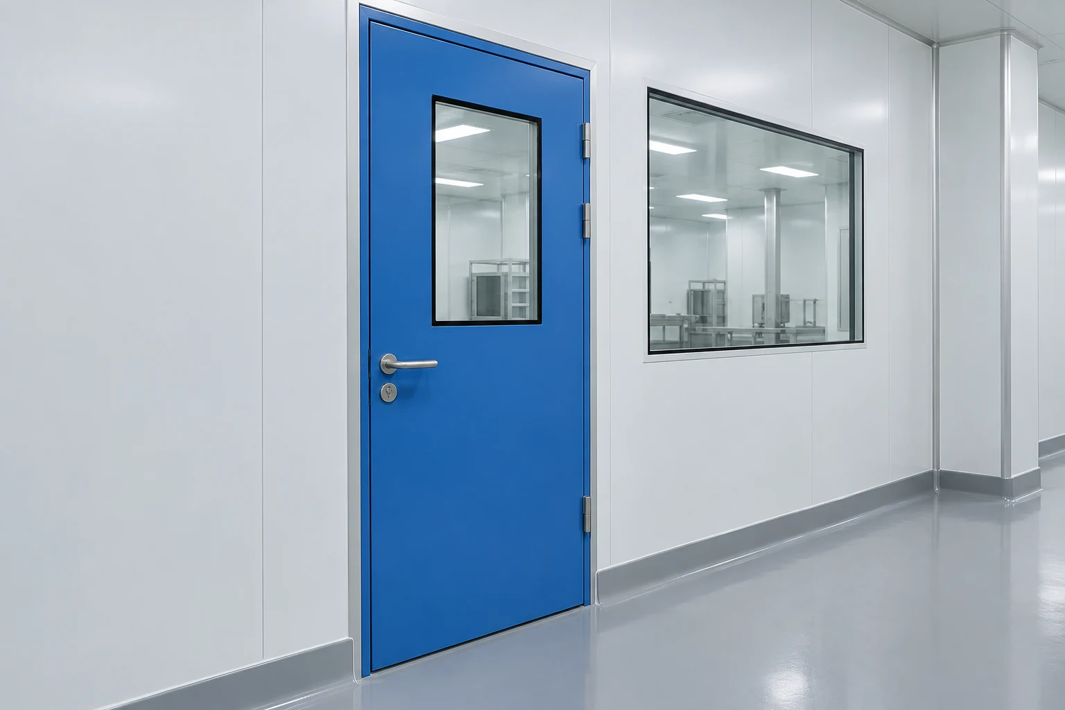 Blue cleanroom door and observation window in a white panel wall