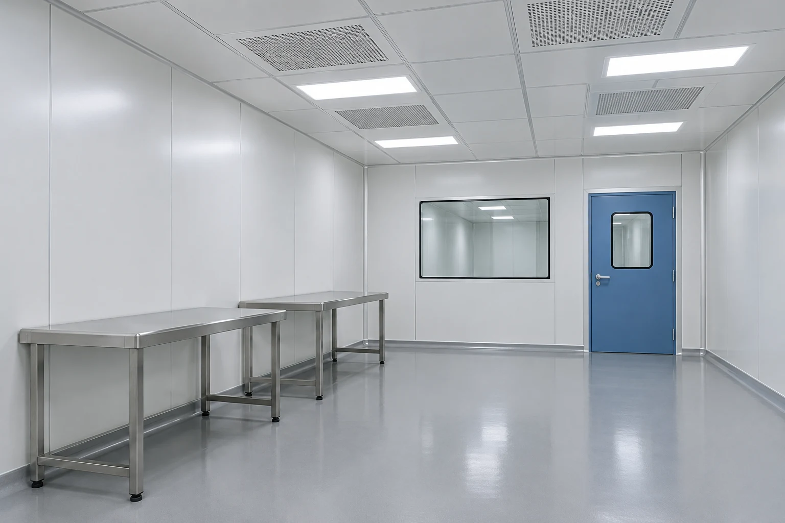 Modular cleanroom interior with ceiling supply panels and stainless steel worktables