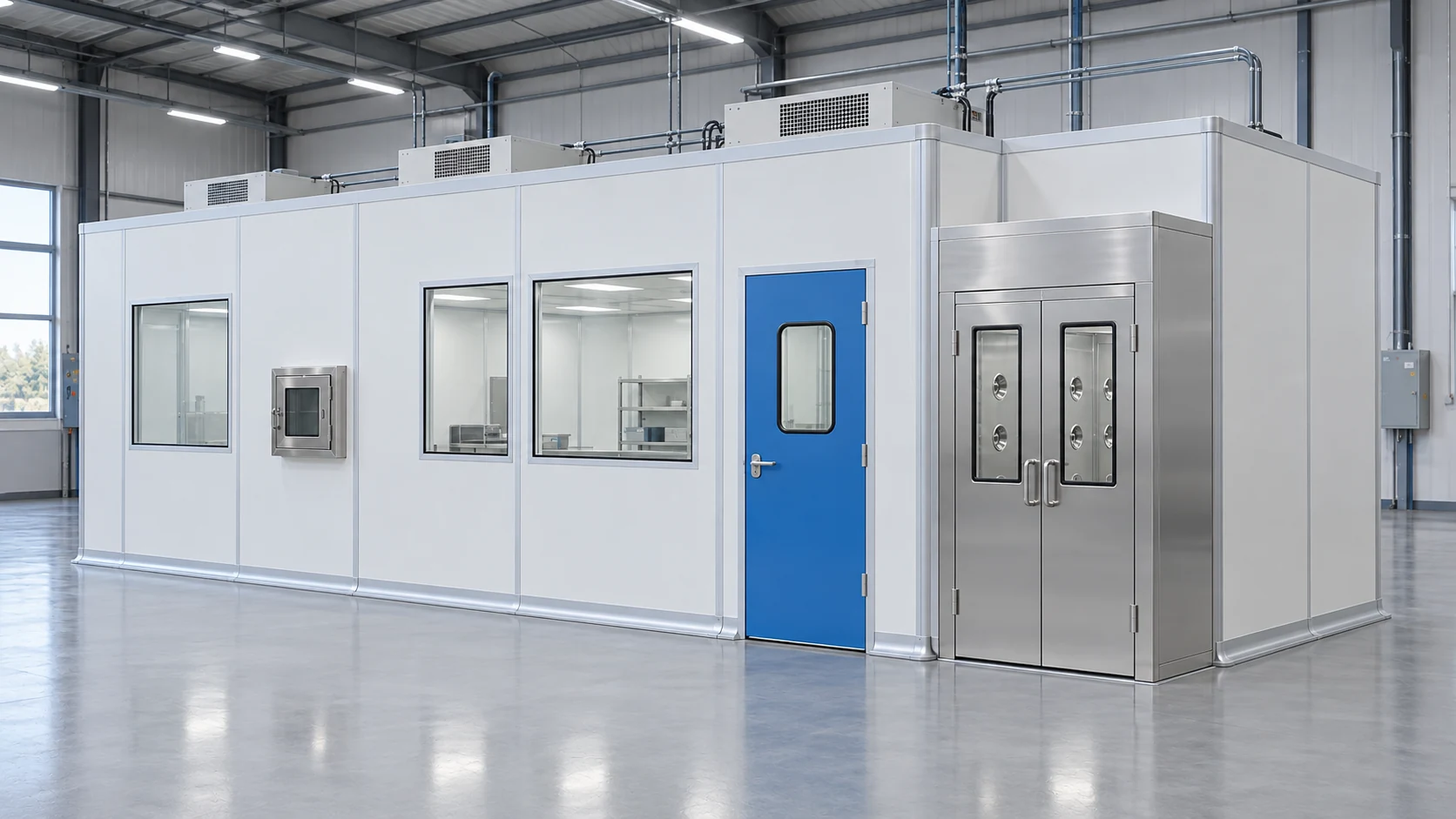Modular cleanroom enclosure with white panels and blue personnel door
