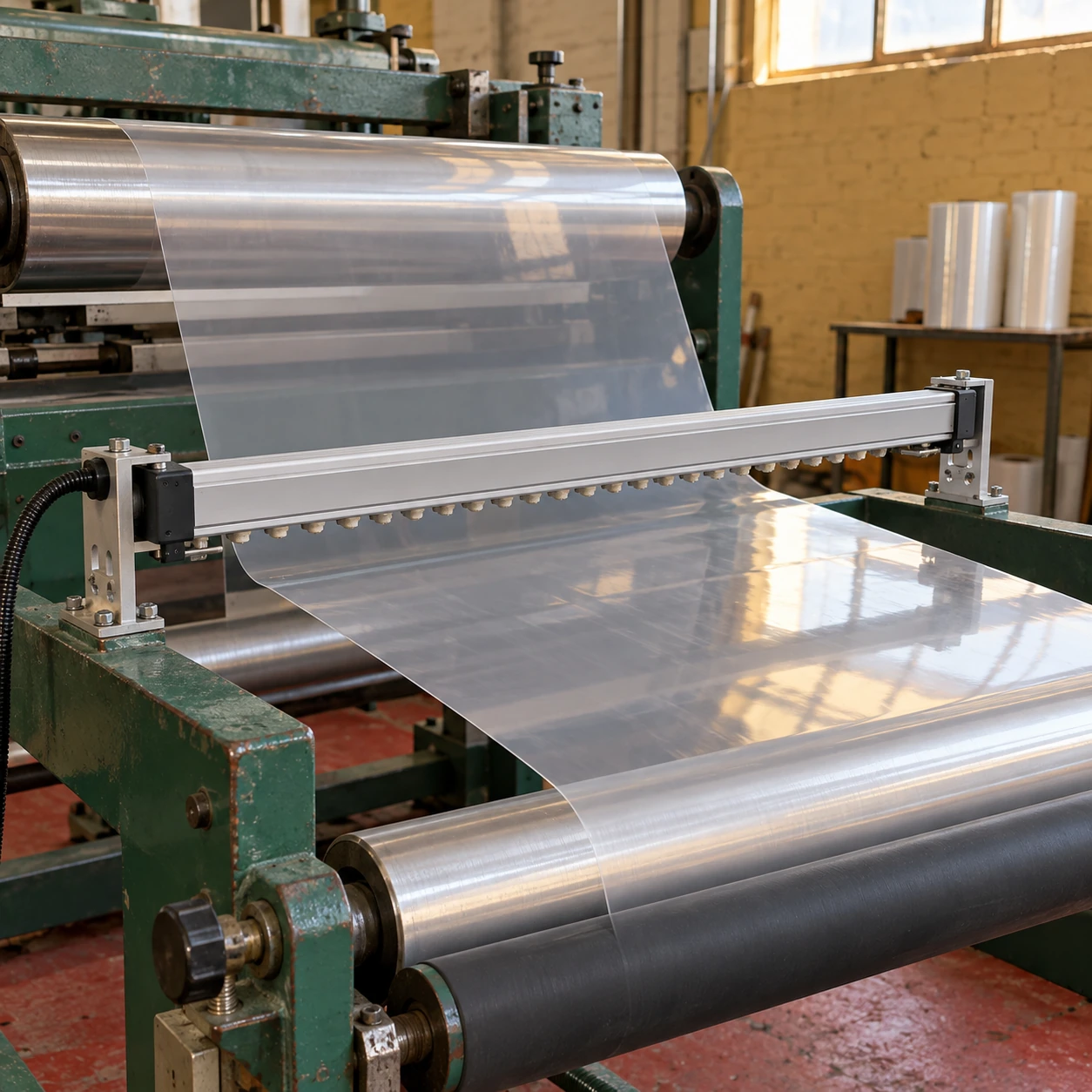 Ionizing static eliminator bar installed across film at a compact roller station