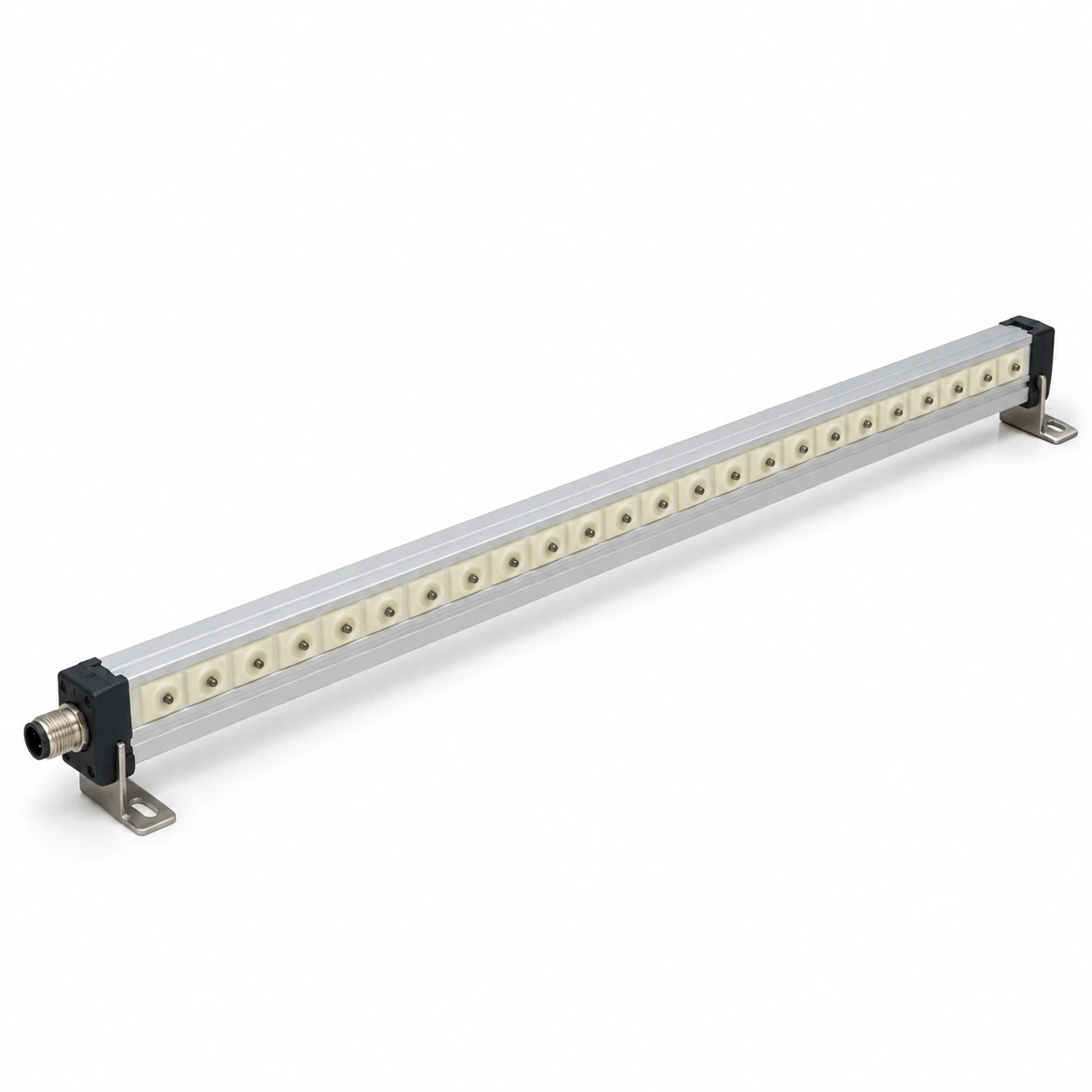 Slim industrial ionizing bar with insulated emitter positions and mounting brackets
