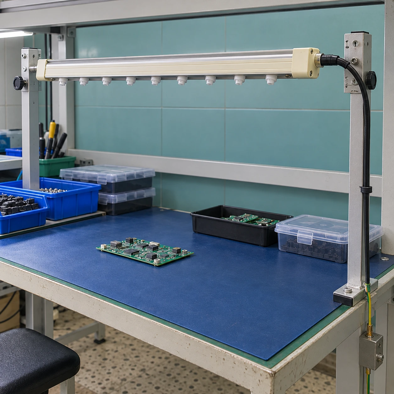Static ionizing bar mounted over a modest electronics assembly workbench