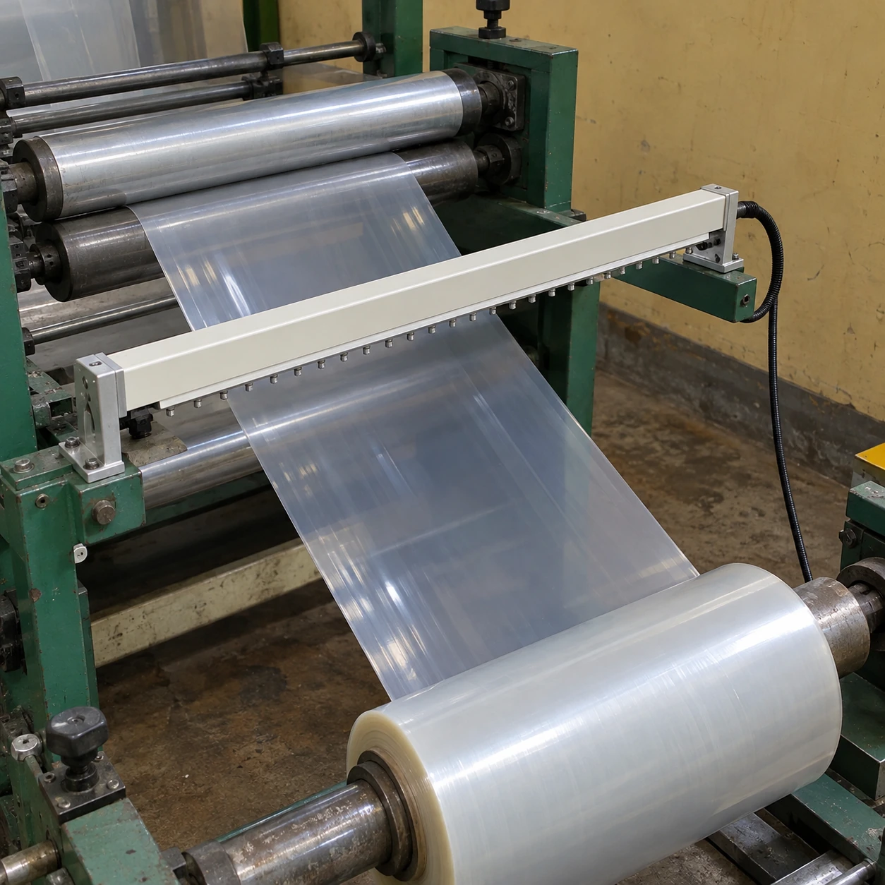 Ionizing bar mounted over a plastic film path on a compact industrial converting machine