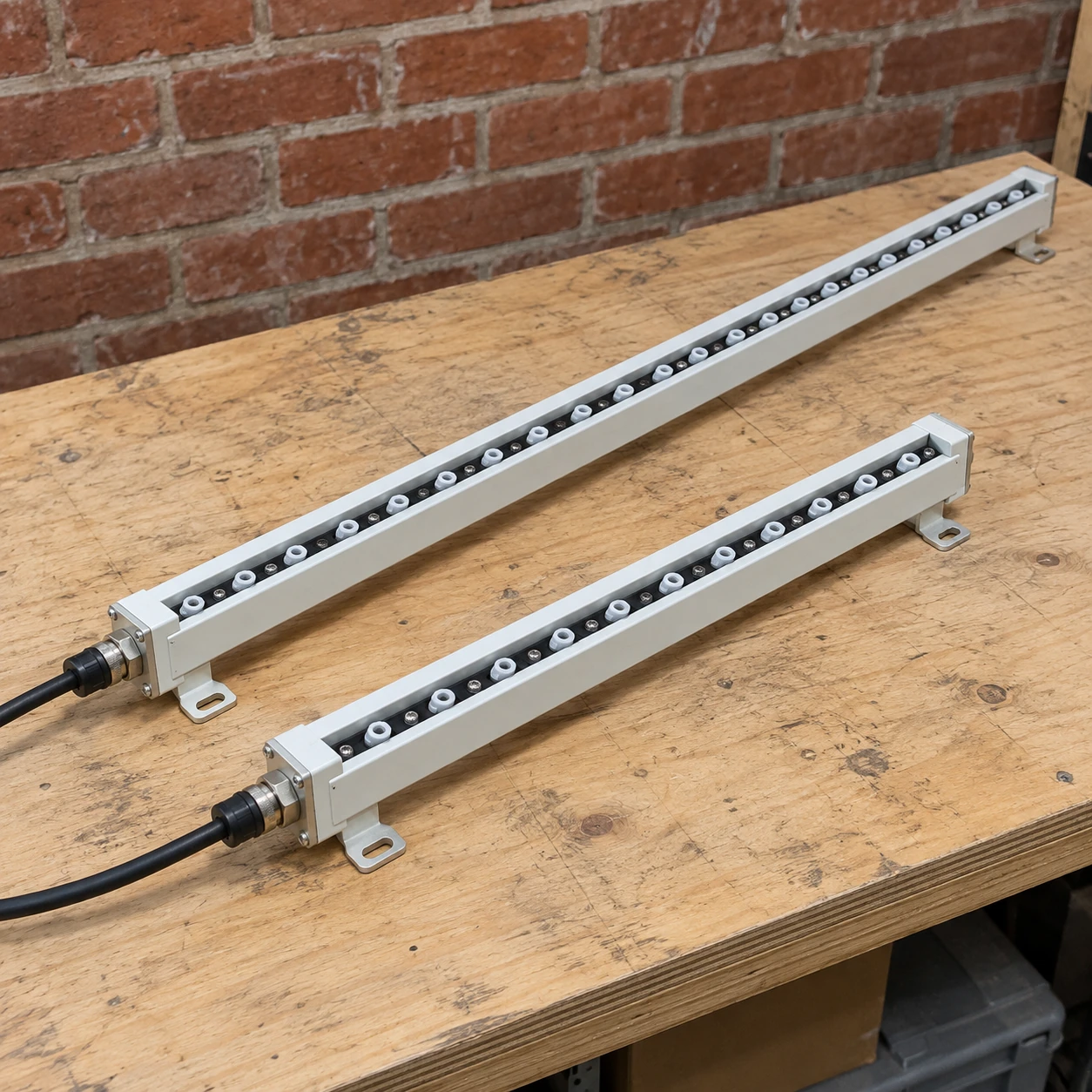 Two industrial ionizing bars of different lengths with protected emitter cartridges and mounting brackets on a packing bench
