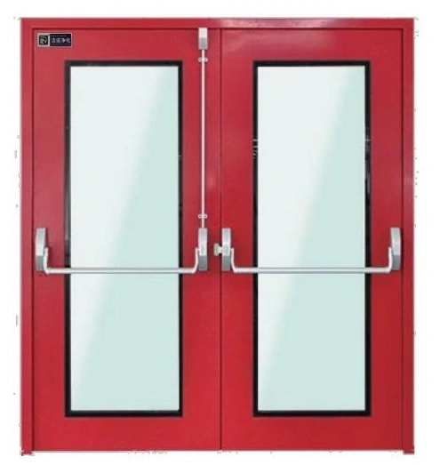 Red double-leaf cleanroom one-way door with large viewing windows