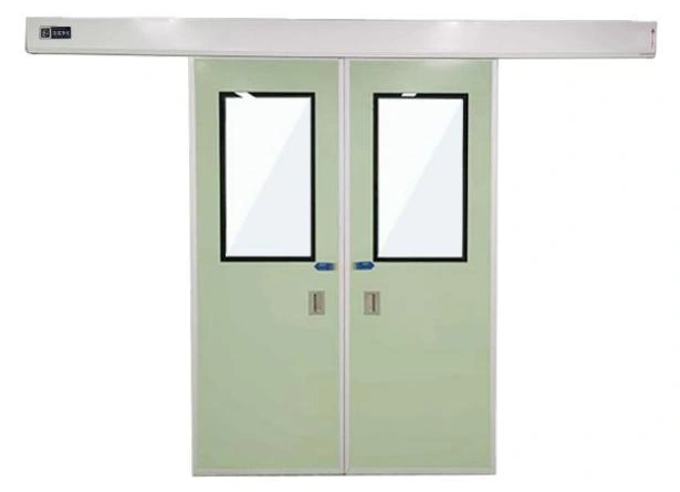 Automatic bi-parting cleanroom sliding door with overhead drive housing