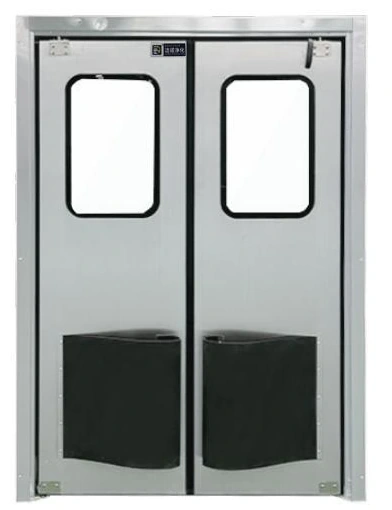 Double-action paired impact doors with viewing windows and black protective panels