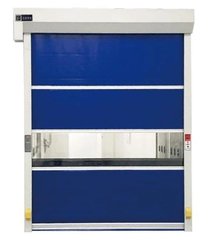 Blue high-speed roll-up door with a transparent horizontal viewing section
