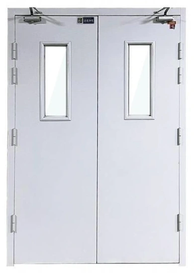 Paired steel insulated doors with narrow glazed panels and overhead closers