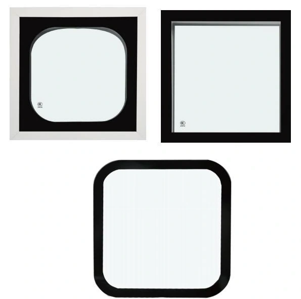 Three cleanroom viewing window shapes with square and rounded black borders