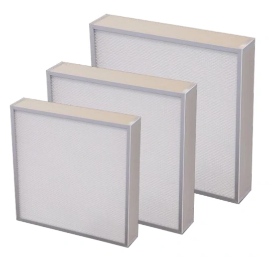 Three shallow mini-pleat HEPA filter panels in aluminium frames