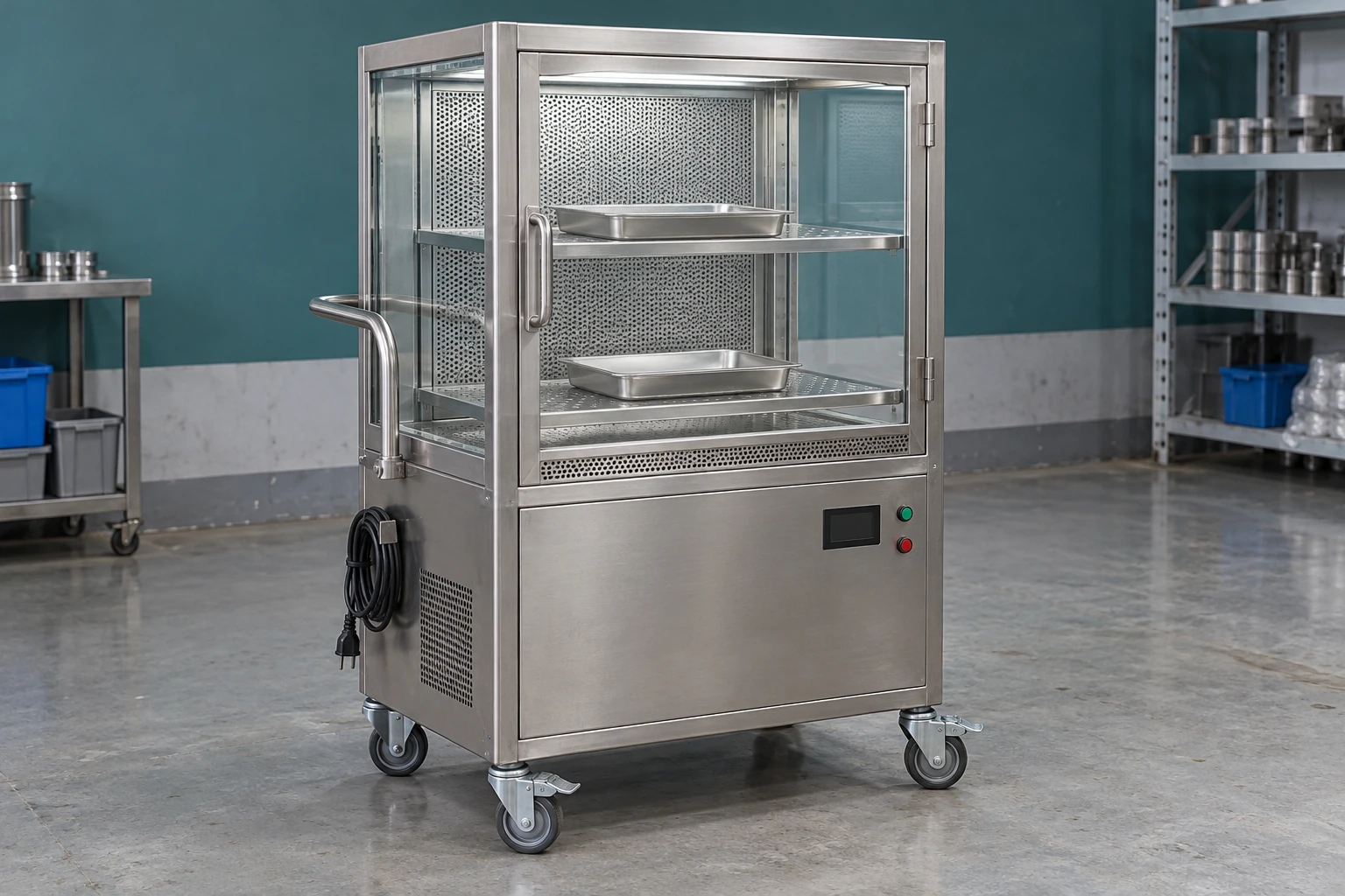 Stainless steel laminar flow transfer cart with an enclosed tray chamber, rear air diffuser, lower power cabinet and braked casters
