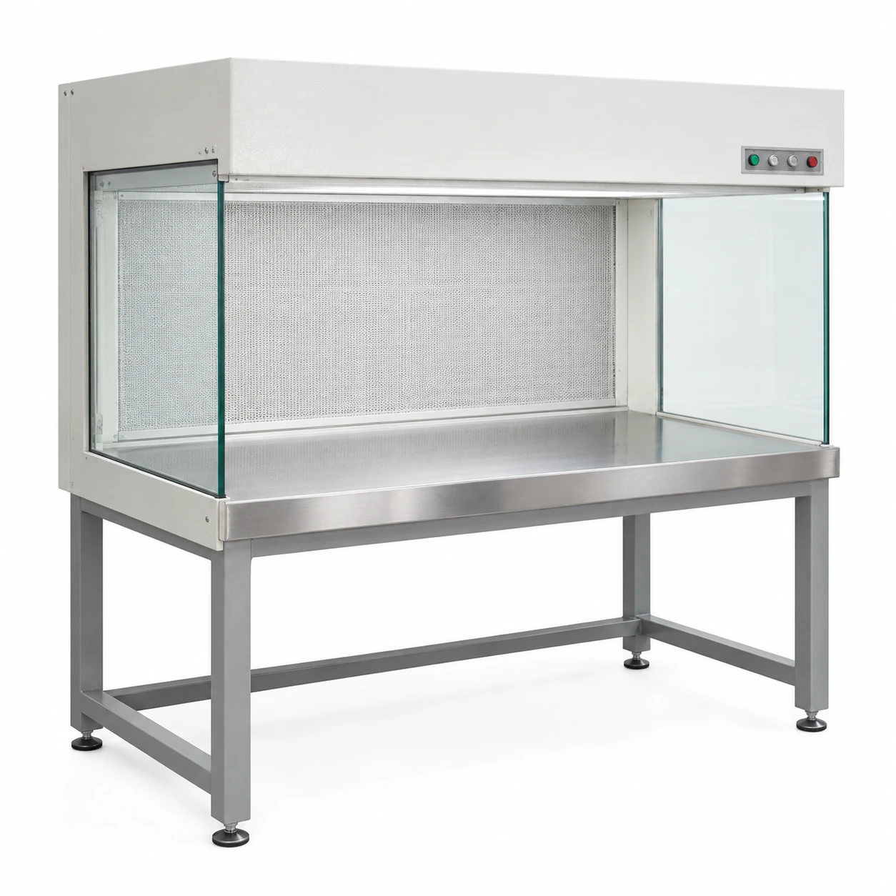 Horizontal HEPA clean bench with stainless worktop and glazed side panels