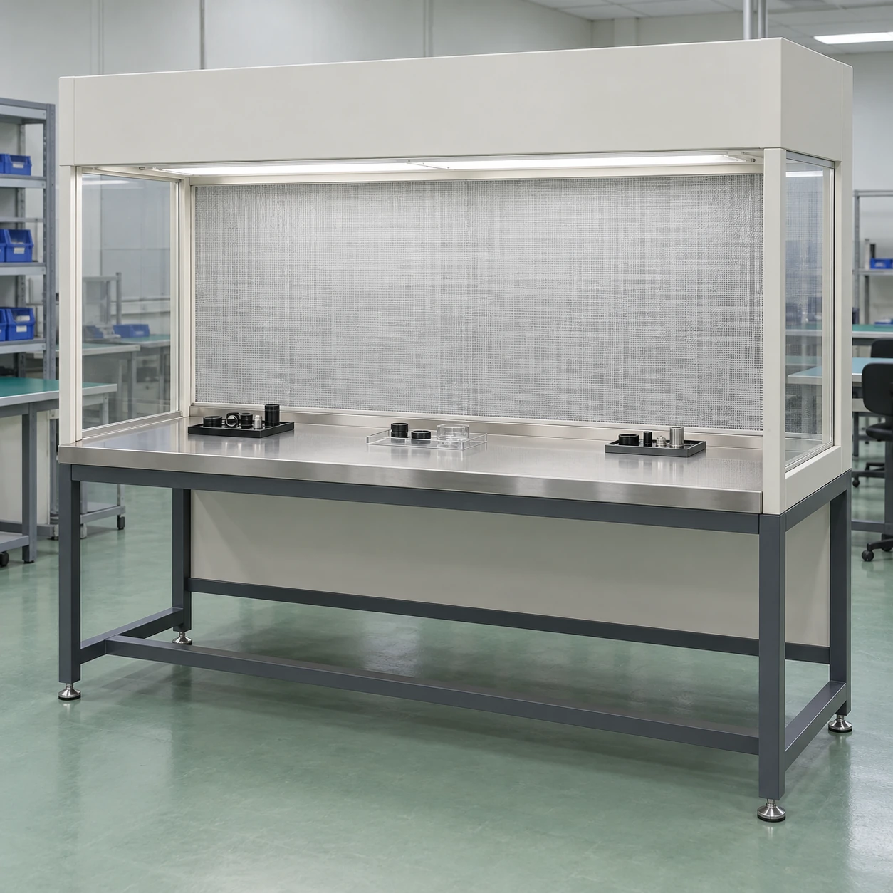 Wide horizontal laminar clean bench in an industrial electronics work area
