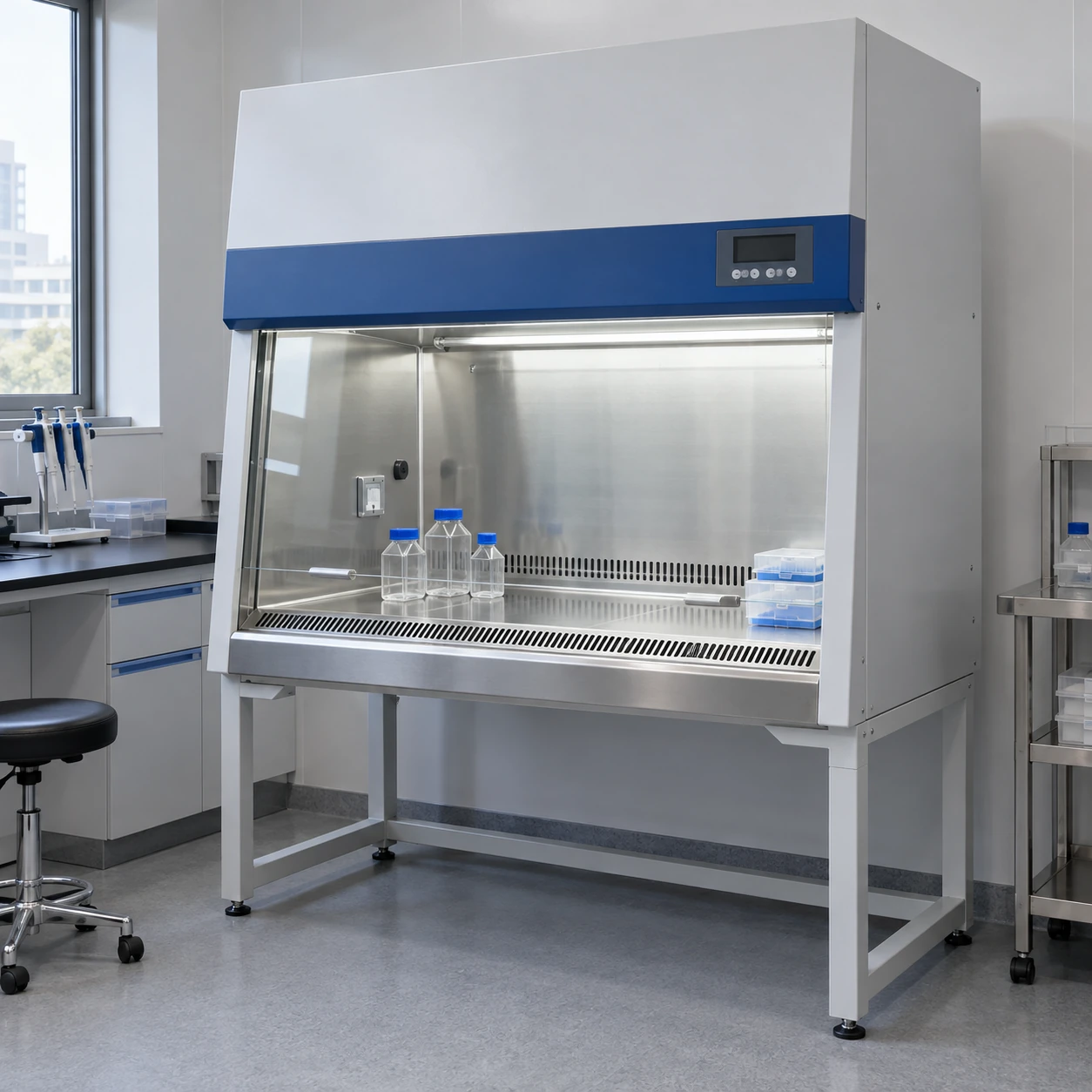 Class II biological safety cabinet with sash and front intake grille in a laboratory