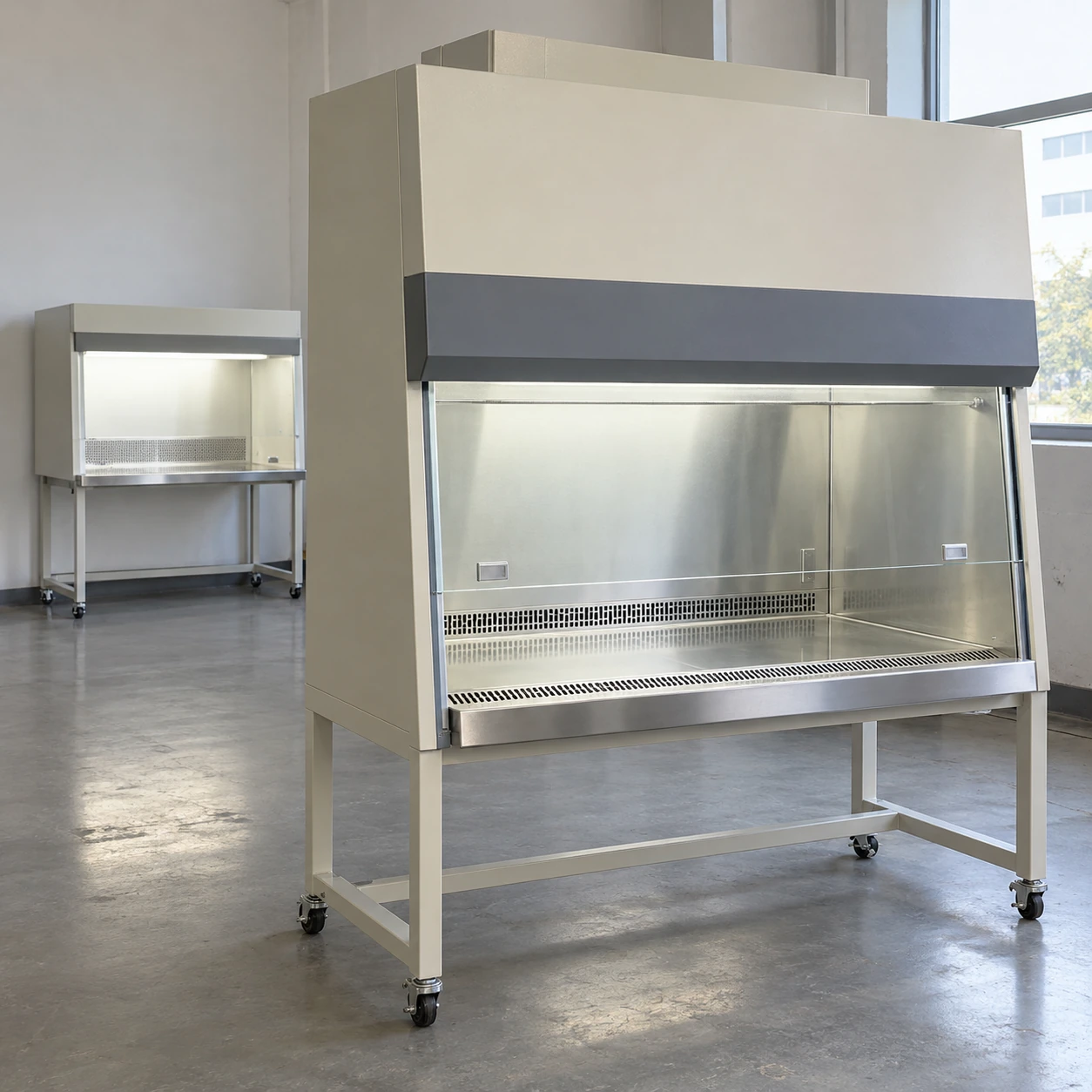 Biological safety cabinet in the foreground with a separate clean bench behind it