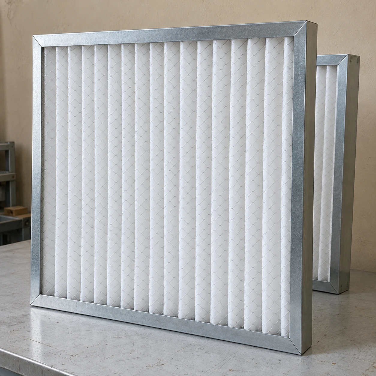 Pleated panel air filters with metal frames on a workshop bench
