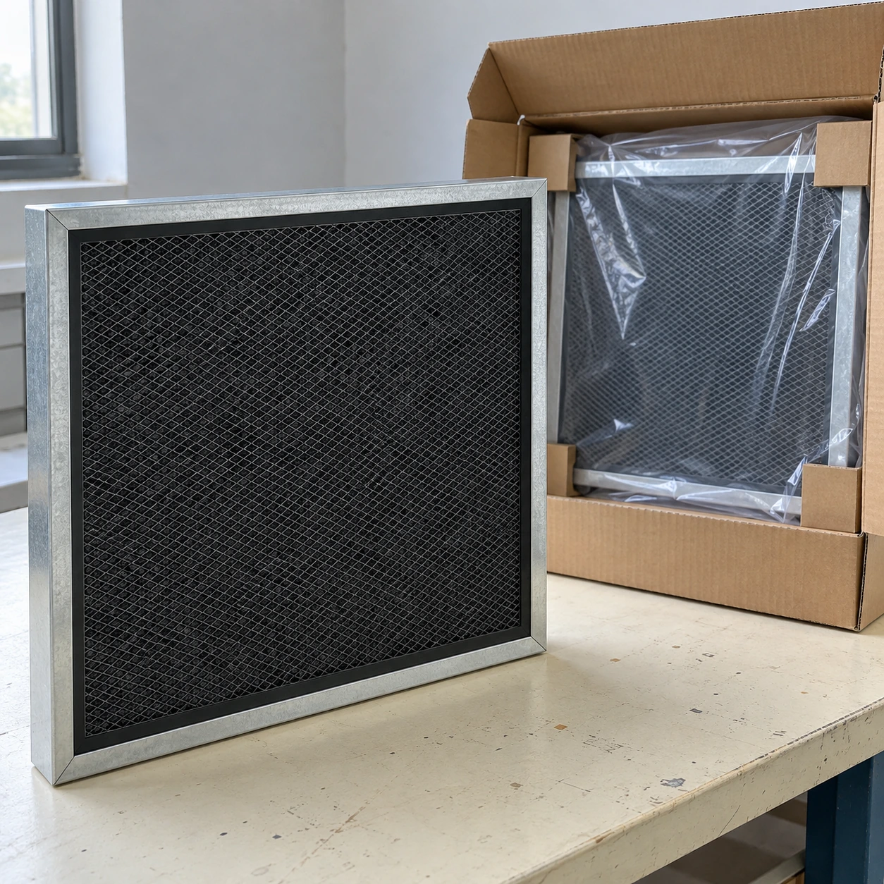 Chemical filter panels prepared with protective packaging in a small supply workshop