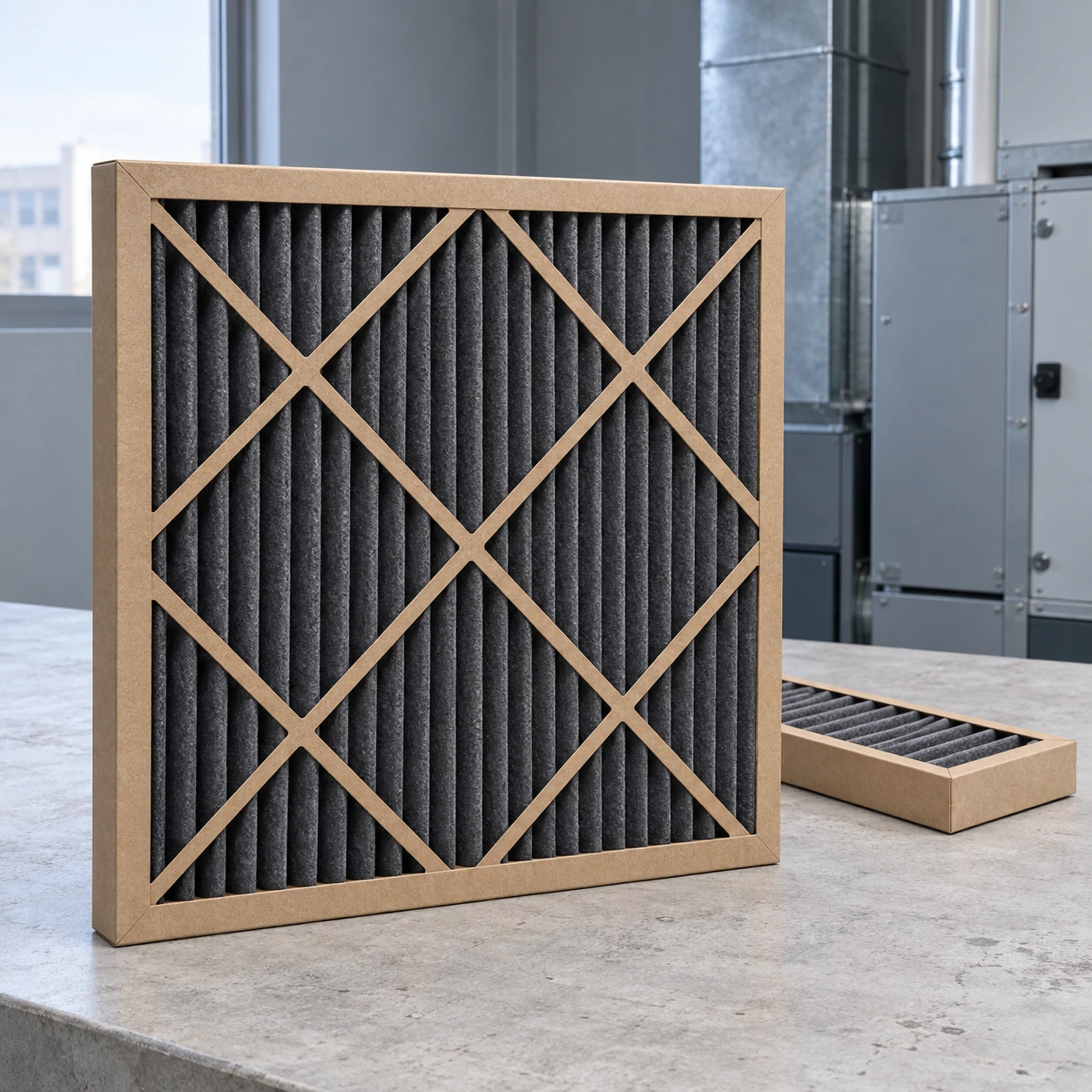 Dark pleated carbon panel filters in rigid cardboard frames