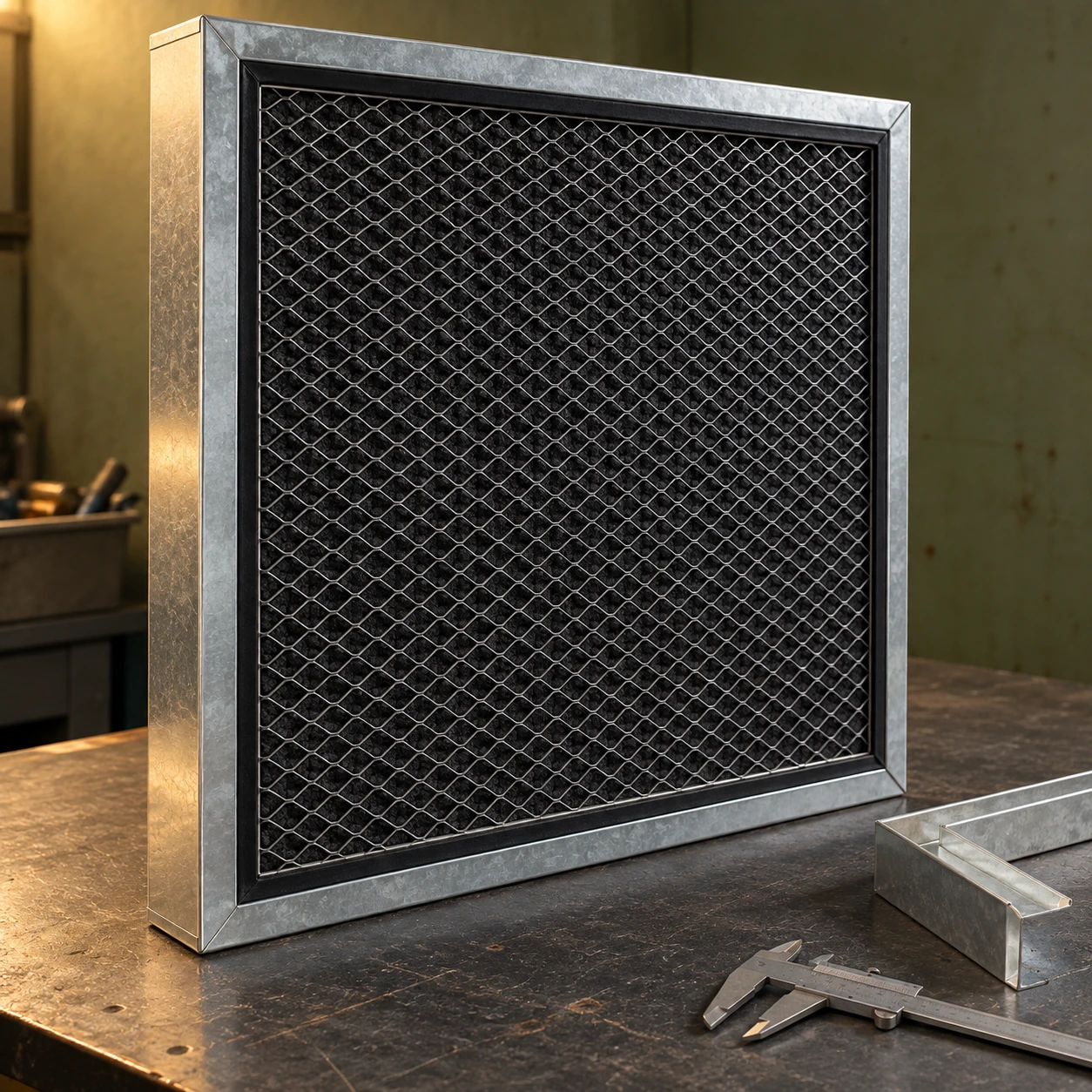 Finished chemical filter cassette beside frame components on an assembly bench
