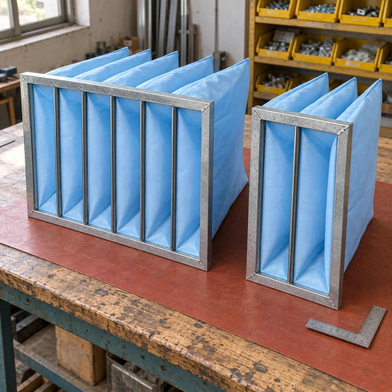 Full-width and narrow blue pocket air filters beside a measuring square on an assembly bench