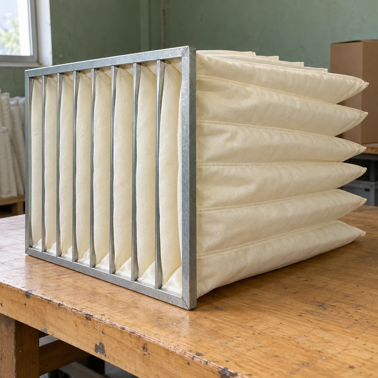 Long cream filter pockets extending from a metal header on a workshop packing bench