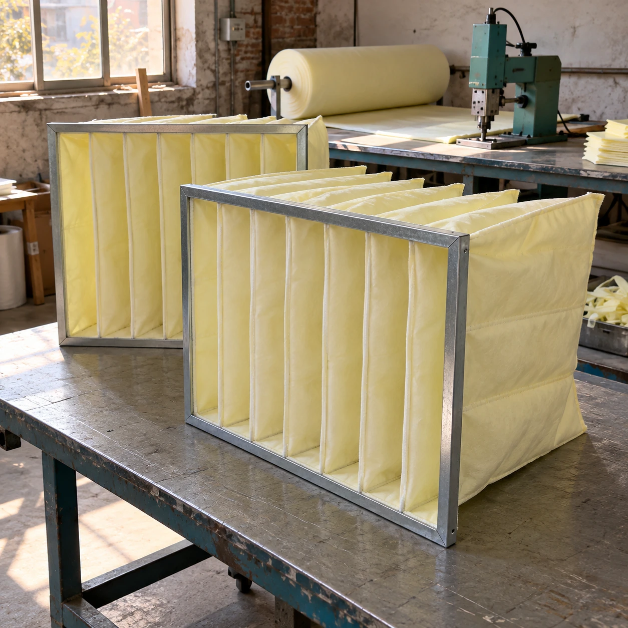 Yellow pocket air filters on a small production bench with filter fabric and a seam tool