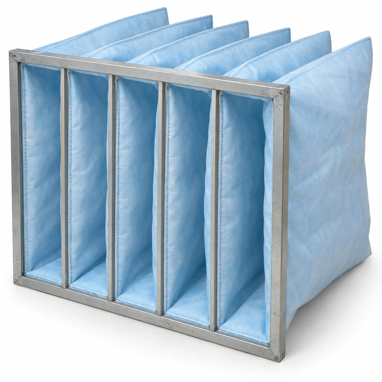 Blue fabric pocket air filter with a galvanized header and separate tapered bags