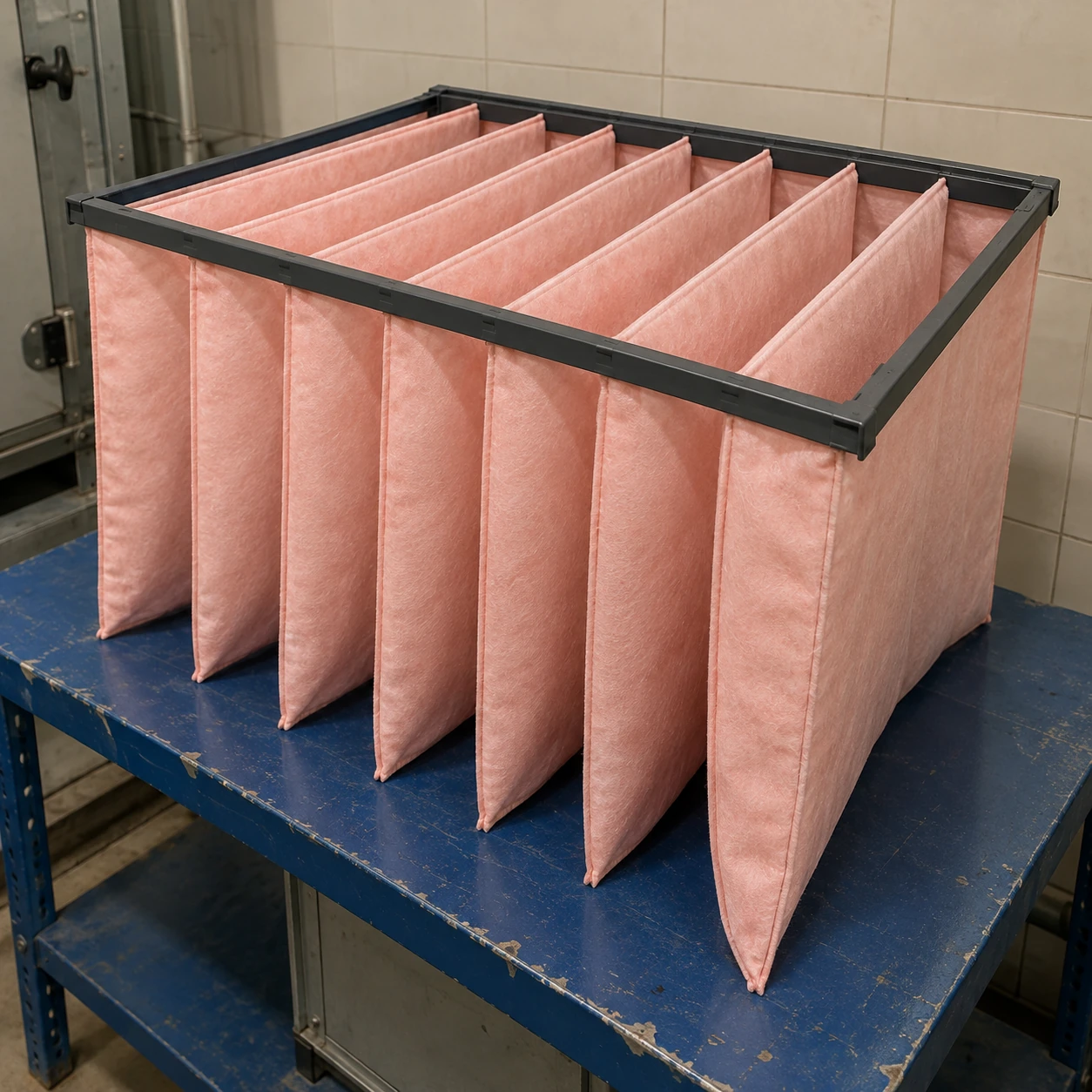 Self-supporting salmon-coloured filter pockets with a dark polymer header on a service shelf