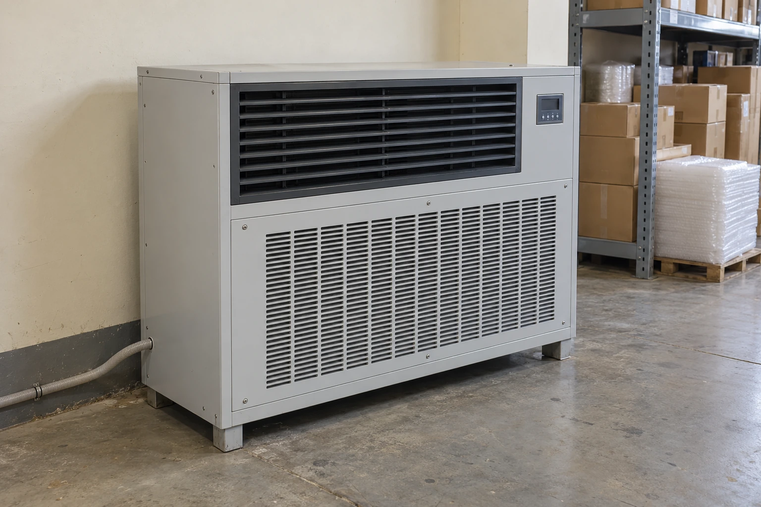 Floor-standing industrial refrigerant dehumidifier with separate intake and discharge grilles beside packaging storage racks