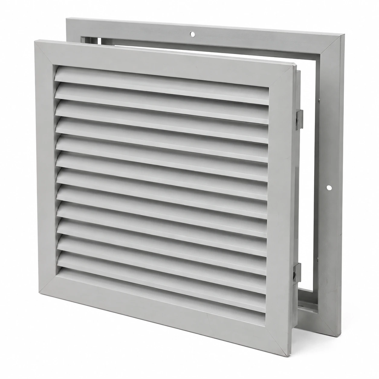 Pale grey square return grille with removable louver core and outer mounting frame