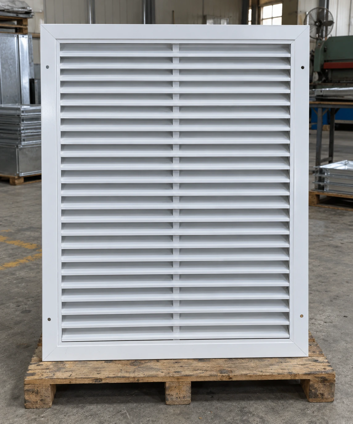 Large portrait white steel return grille with reinforced frame and horizontal louvers