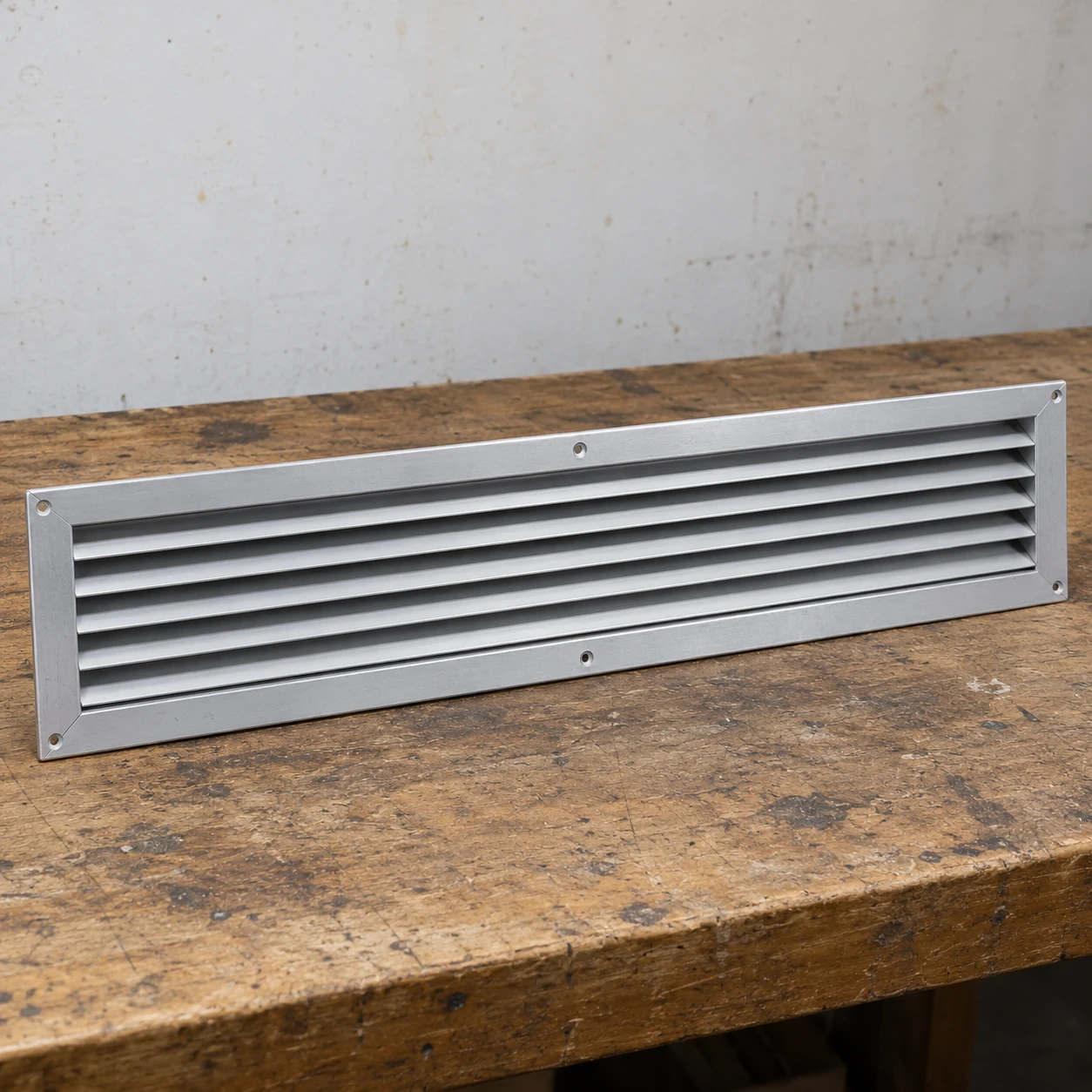 Narrow silver aluminium return grille with fixed louvers and a flat mounting flange