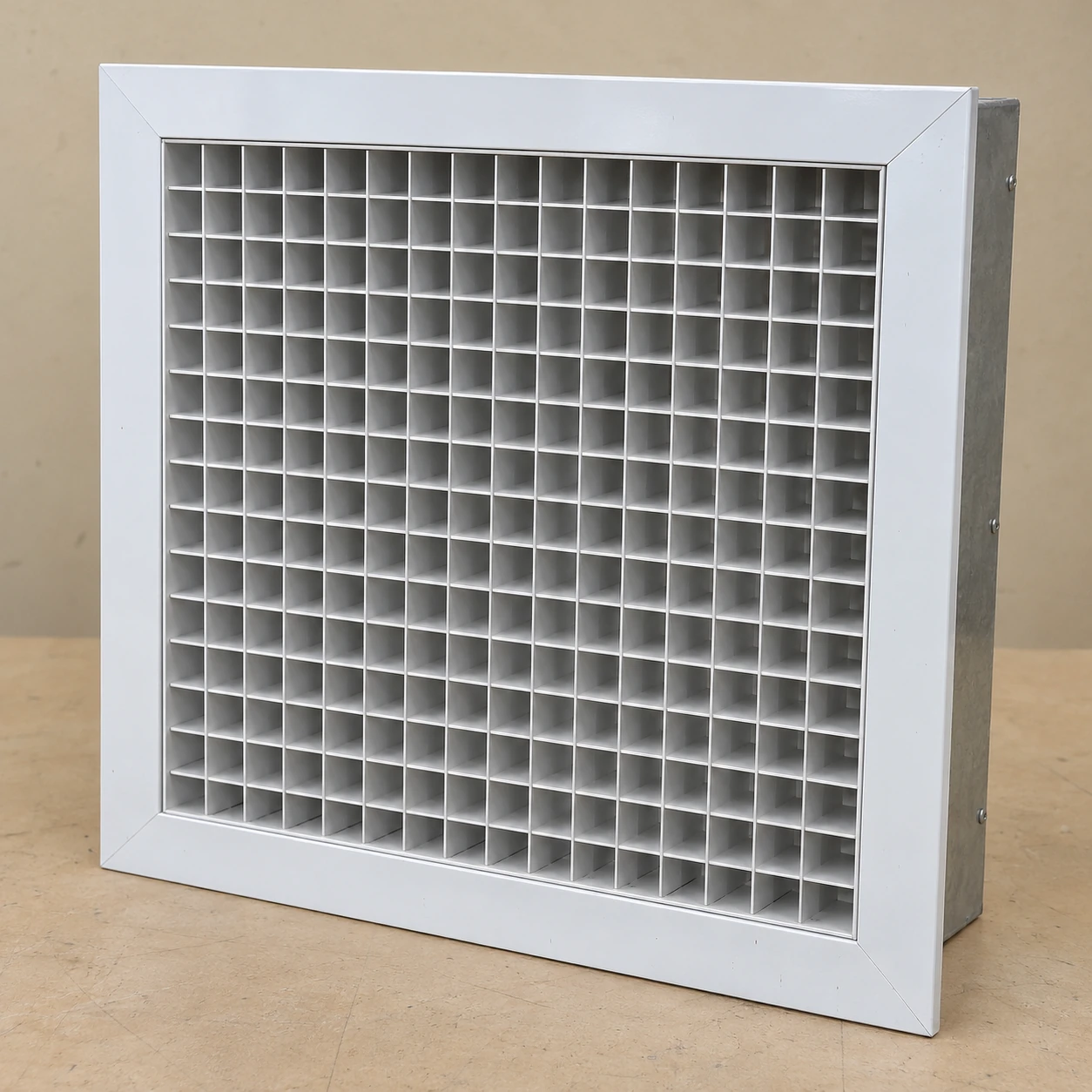 Square two-foot ceiling return grille with a white lay-in frame and eggcrate core