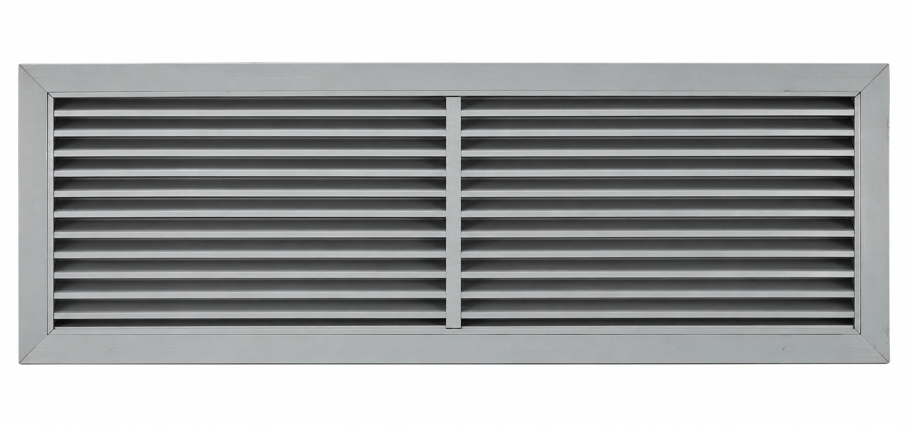 Wide thirty-by-fourteen grey return grille with horizontal blades and central support