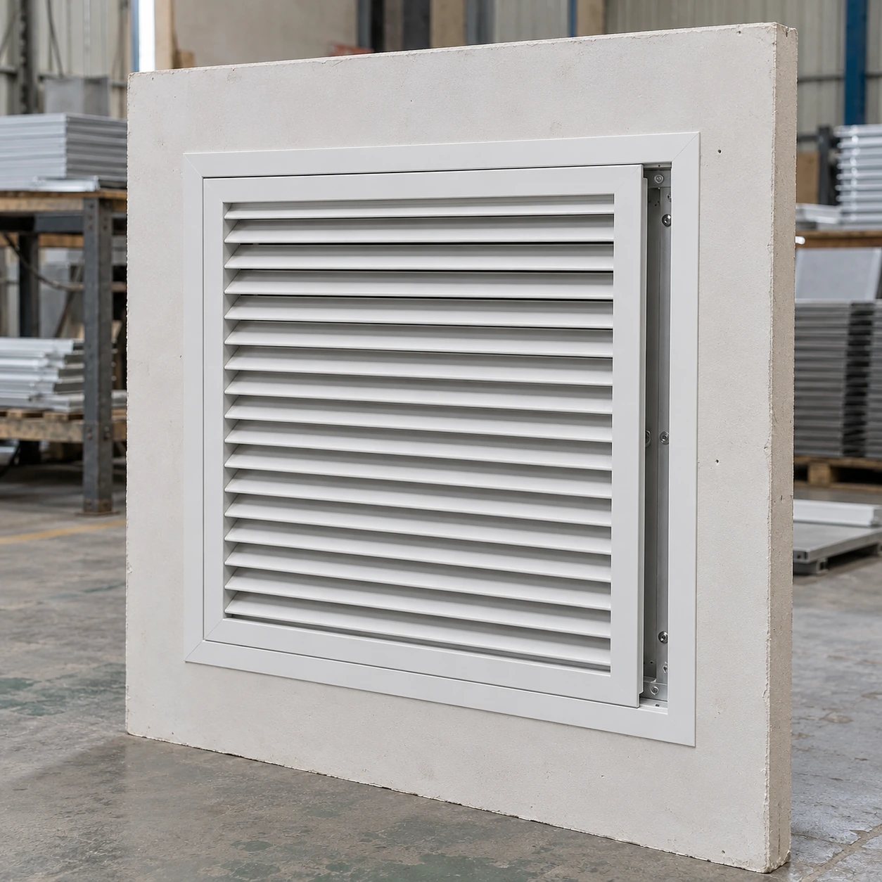 Flush-mounted white return grille in a detached wall-finish sample with recessed frame
