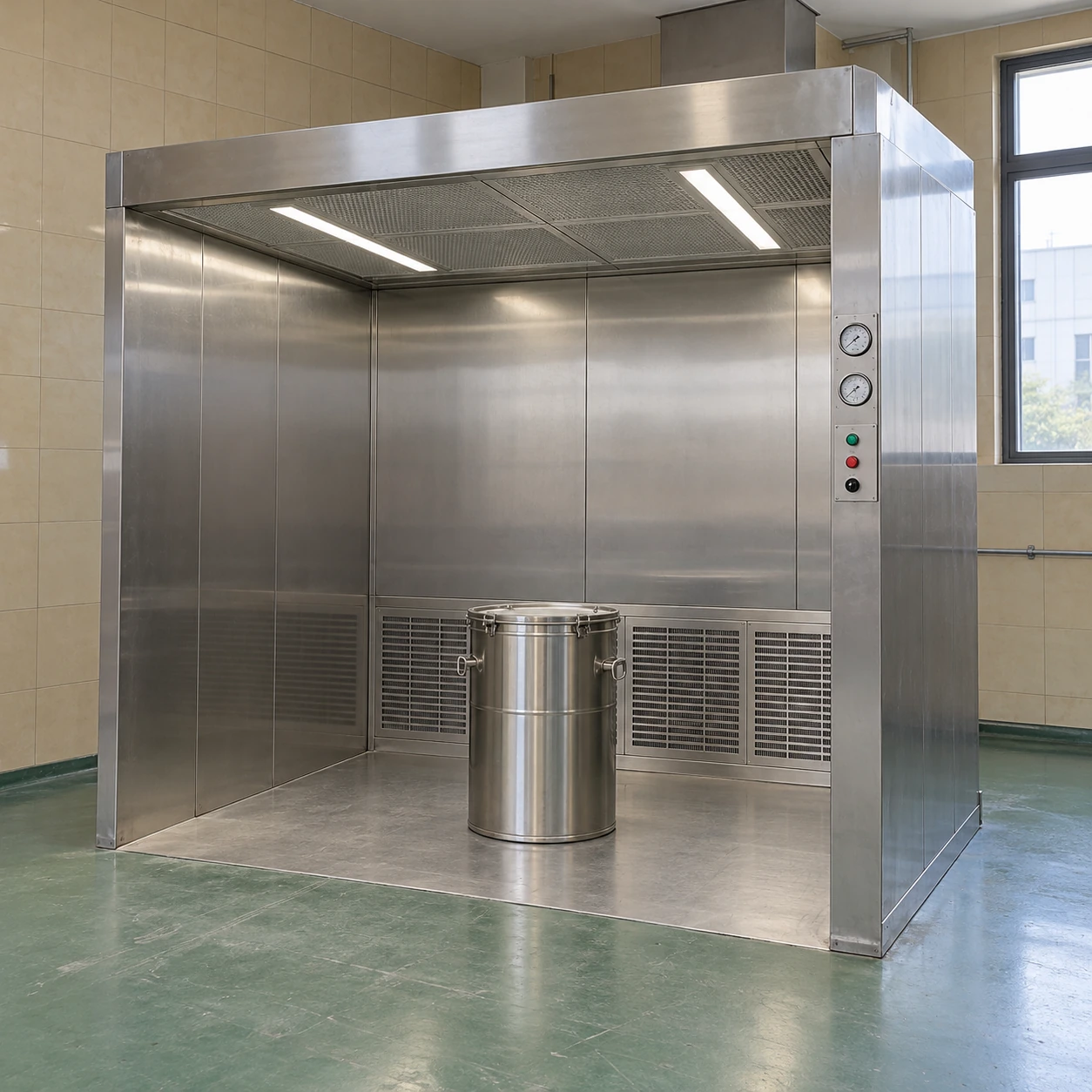Stainless steel open-front sampling booth with overhead air supply and low-level return grilles