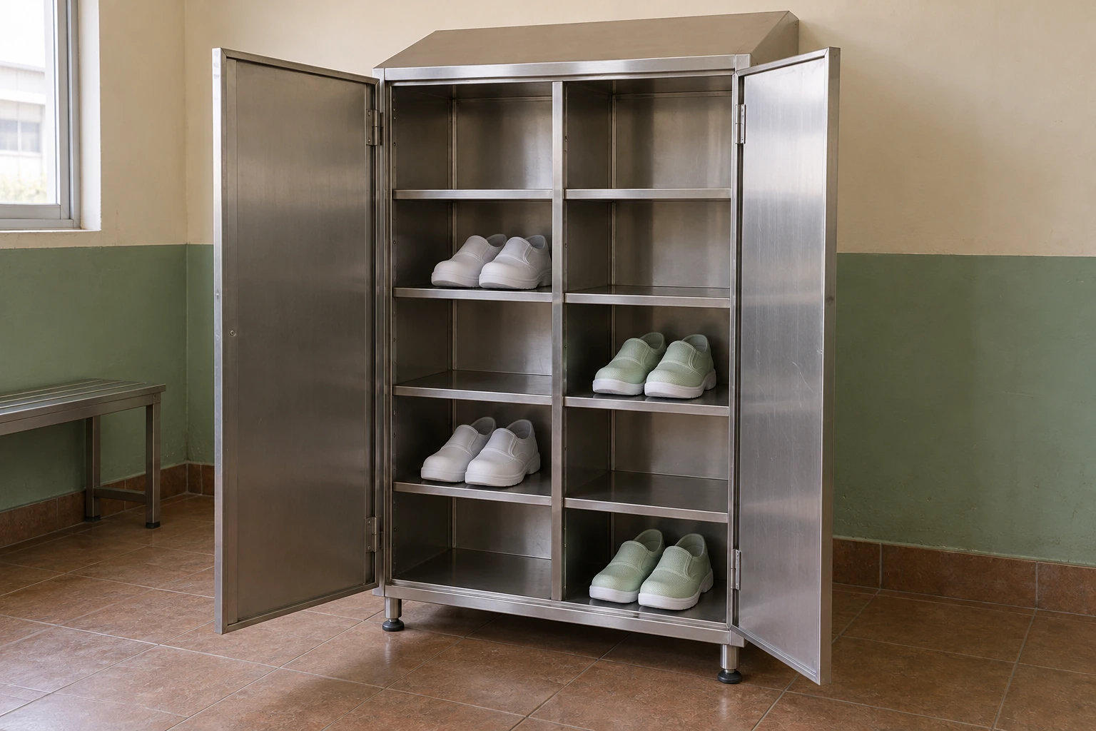 Stainless steel shoe cabinet with open hinged doors and separate footwear compartments in a factory changing room