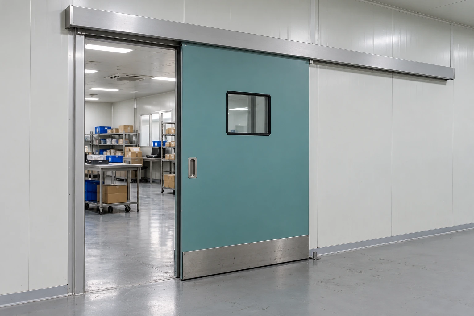 Partly open teal sliding cleanroom door with an overhead track and adjacent wall space