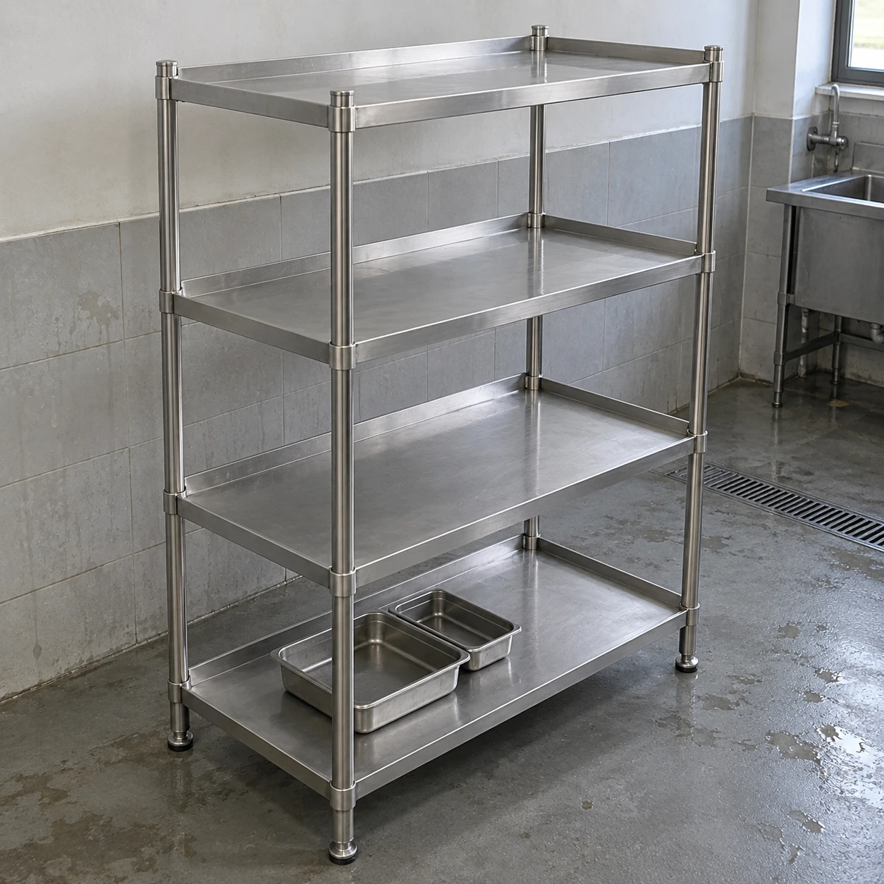 Stainless steel shelving with solid raised-edge decks in an industrial wash-support area