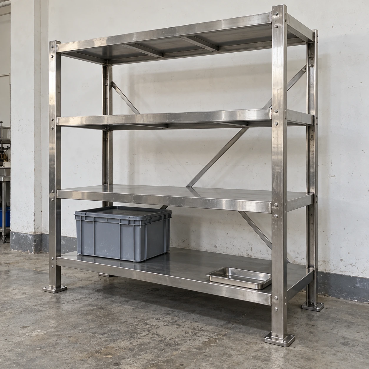 Reinforced stainless steel shelving with support beams and rear bracing in an industrial storeroom